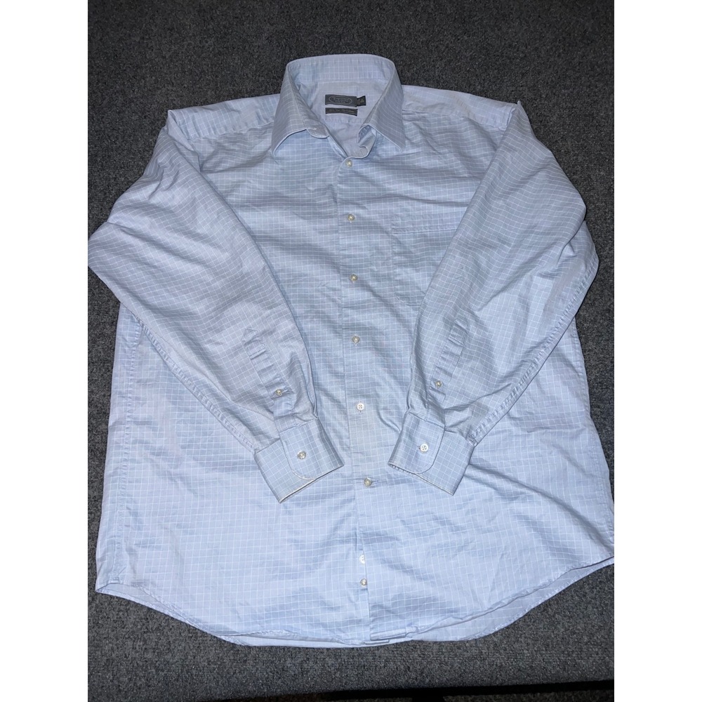 Talbots Mens Blue White Grid Cotton Button Down Shirt Size 17 34/35 Long Sleeve